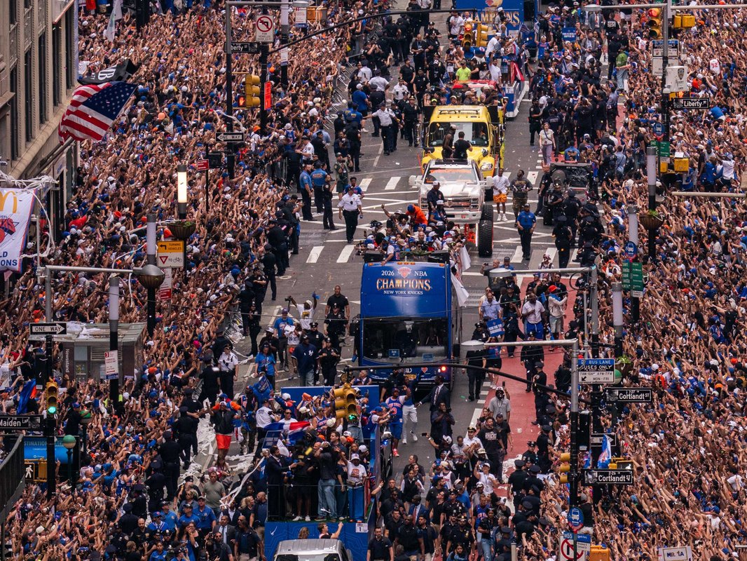 The Financial District turned orange and blue to celebrate the Knicks' first NBA championship in 53 years