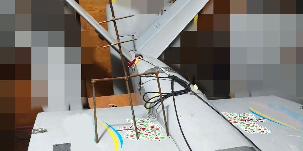 A Ukrainian bomber drone went out for a strike: mission. It returned impaled by a crude trident, photos show.