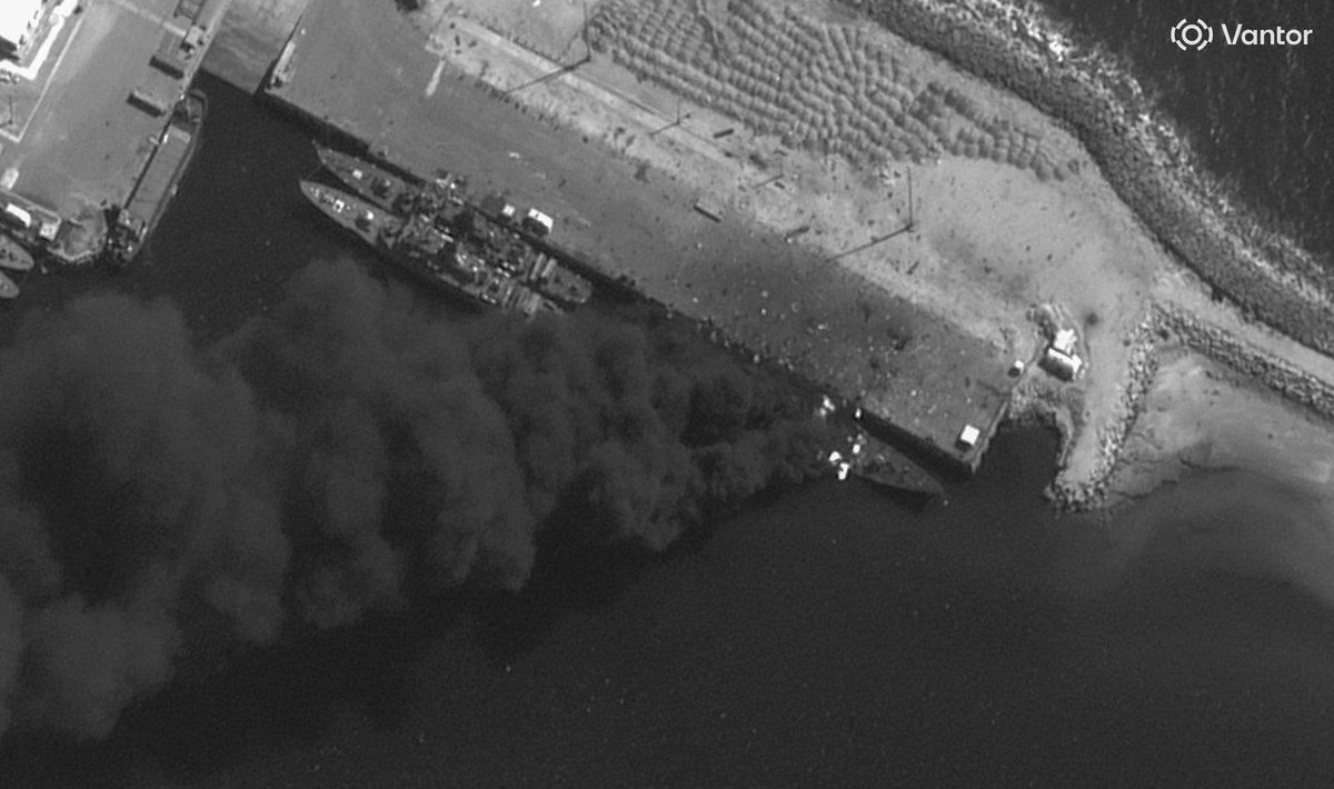 Satellite images show an Iranian warship: burning pierside after US and Israeli strikes