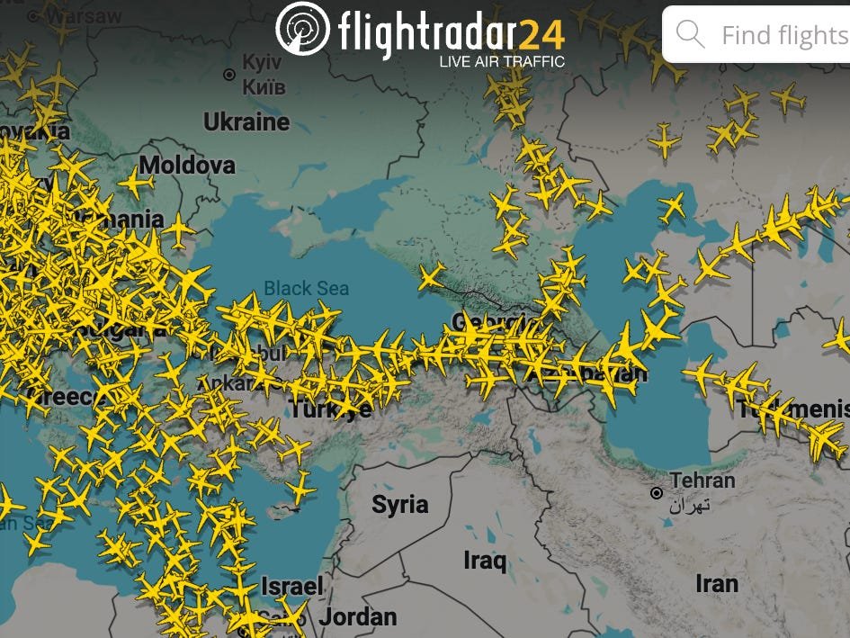 Airlines are being squeezed into this sliver of sky as much of the Middle East joins Russia on the airspace no-fly list