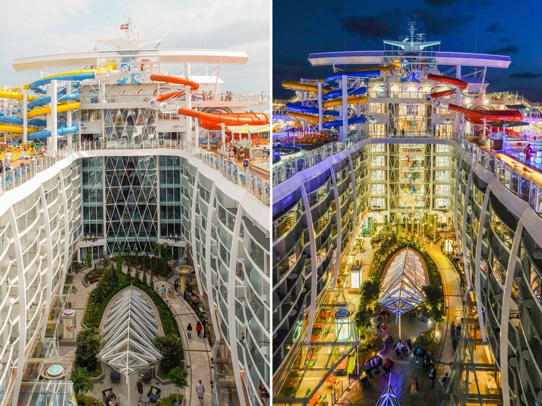 10 side-by-side photos show how a Royal Caribbean cruise ship transforms with colorful lights at night
